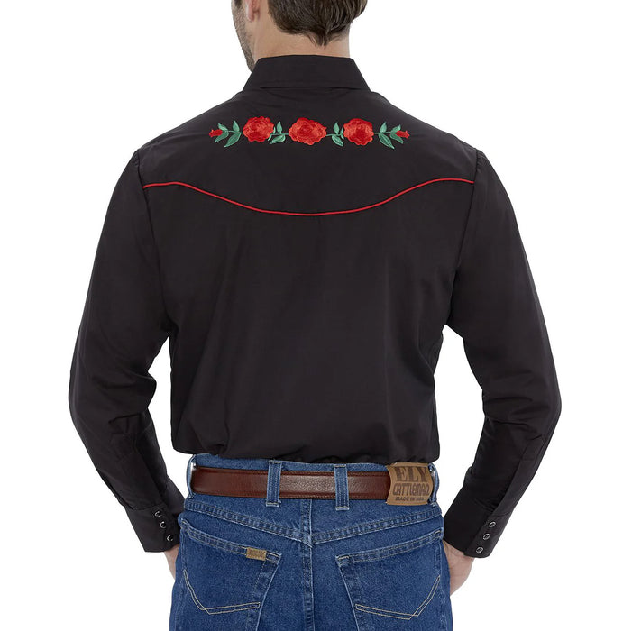 Ely Cattleman Long Sleeve Mens Rose Embroidered Black Shirt