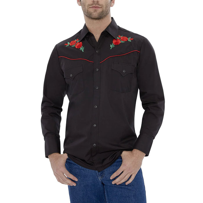 Ely Cattleman Long Sleeve Mens Rose Embroidered Black Shirt