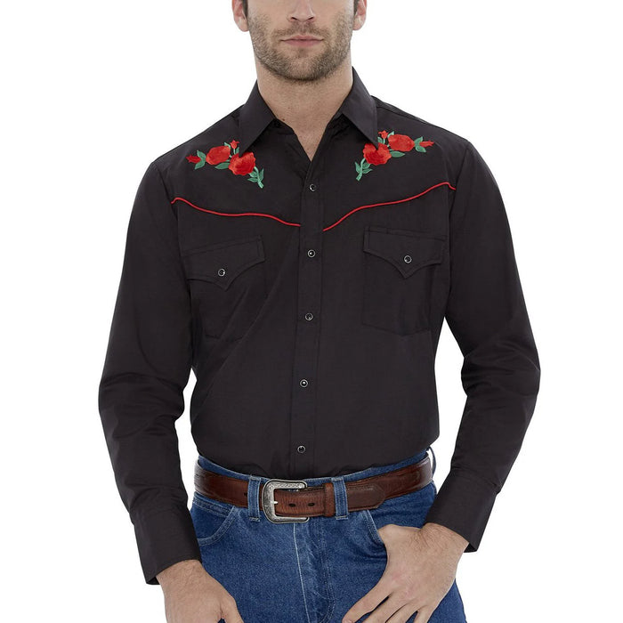 Ely Cattleman Long Sleeve Mens Rose Embroidered Black Shirt