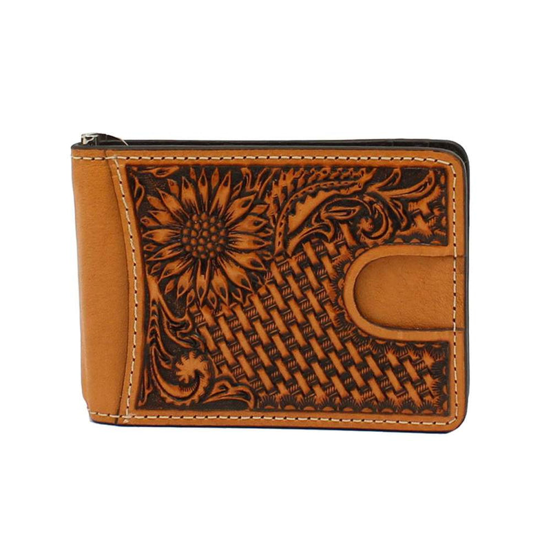 Nocona Basketweave and Sunflower Tooling Money Clip Wallet