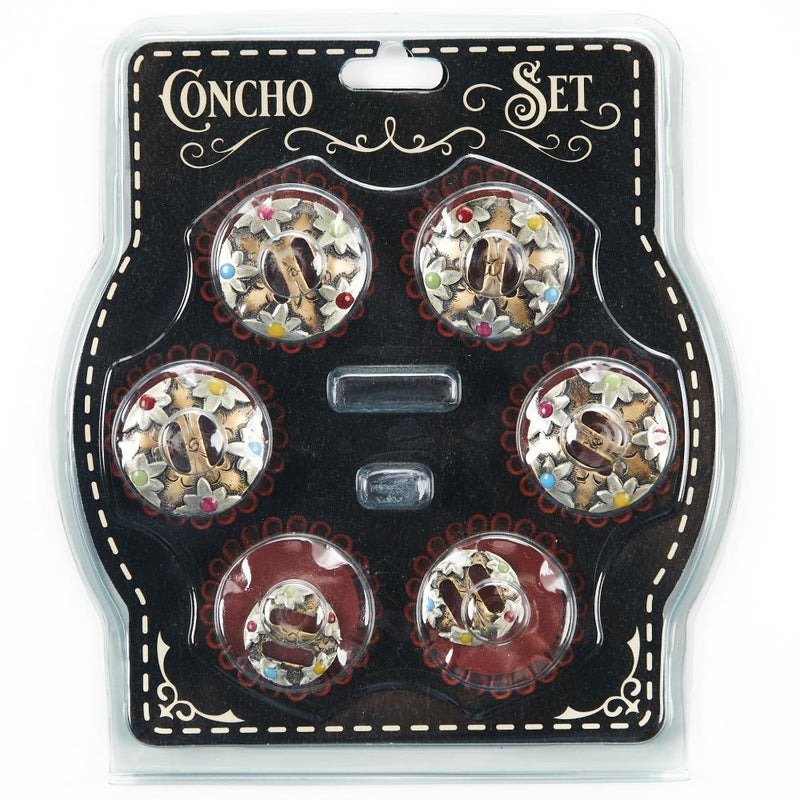 Multi Colored Daisy Flower 6 Piece Slotted Concho Saddle Set