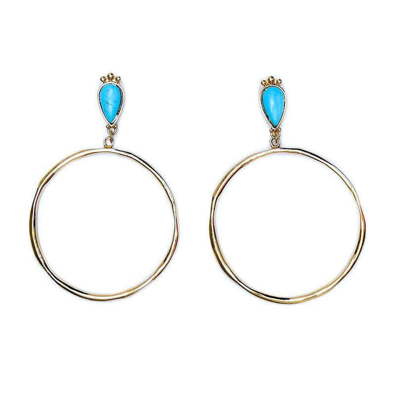 & Gold Hammered Hoop Earrings with Turquoise Teardrop