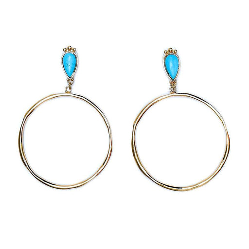 & Gold Hammered Hoop Earrings with Turquoise Teardrop