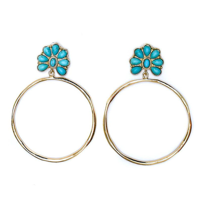 & Gold Hammered Hoop Earrings with Turquoise Flower Post