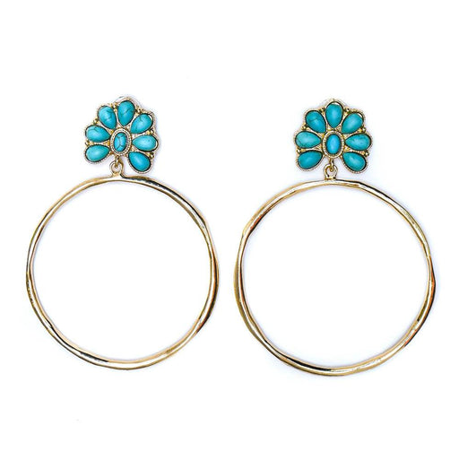 & Gold Hammered Hoop Earrings with Turquoise Flower Post