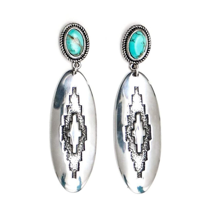 West And Company J Oval Aztec Stamped Earrings with Turquoise Stone