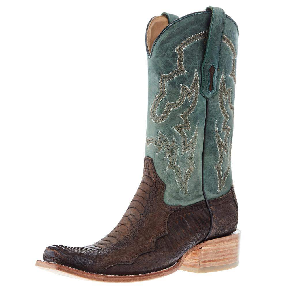 Corral Men`s Brown Ostrich Leg 12` Green Embroidery Top Sq Toe Boot