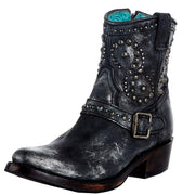 Women's Black Harness Studs Ankle Boot Round Toe