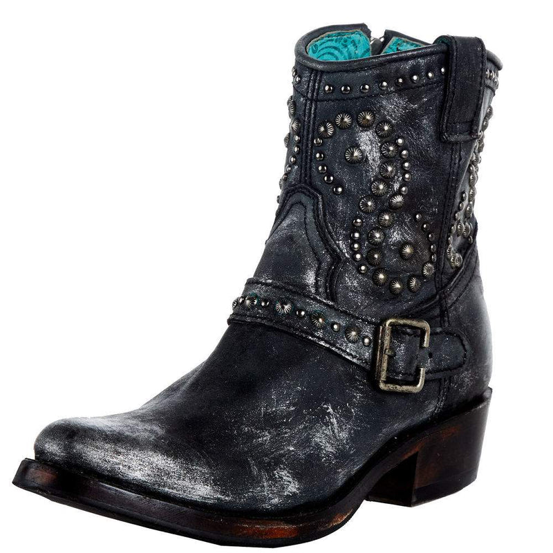 Women's Black Harness Studs Ankle Boot Round Toe