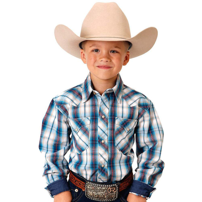 Boy's Blue & Red Plaid Western Snap Long Sleeve Shirt