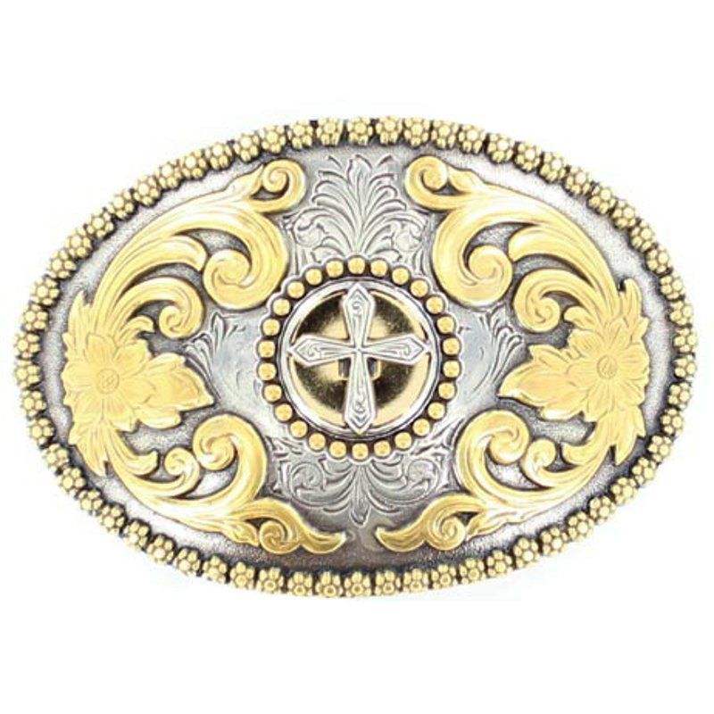 M&F Silver and Gold Cross Large Oval Buckle