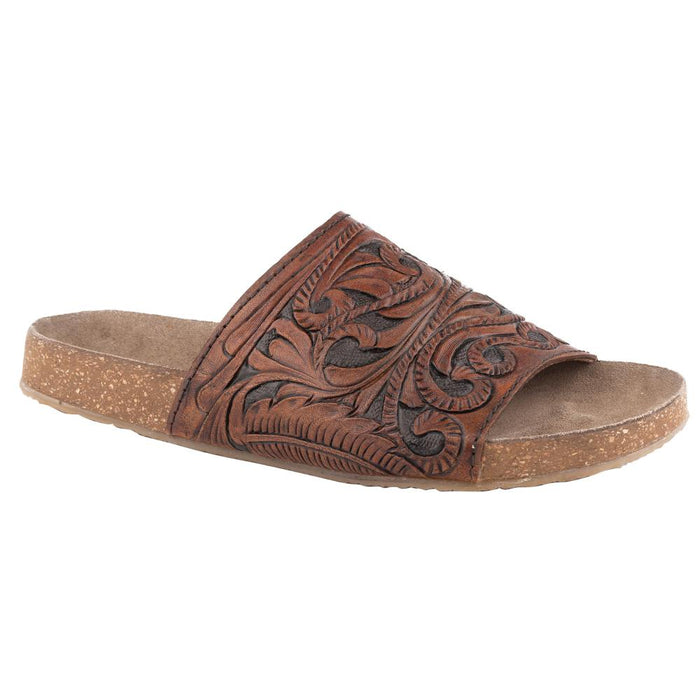 Women's Cognac Black Tooled Leather Slide