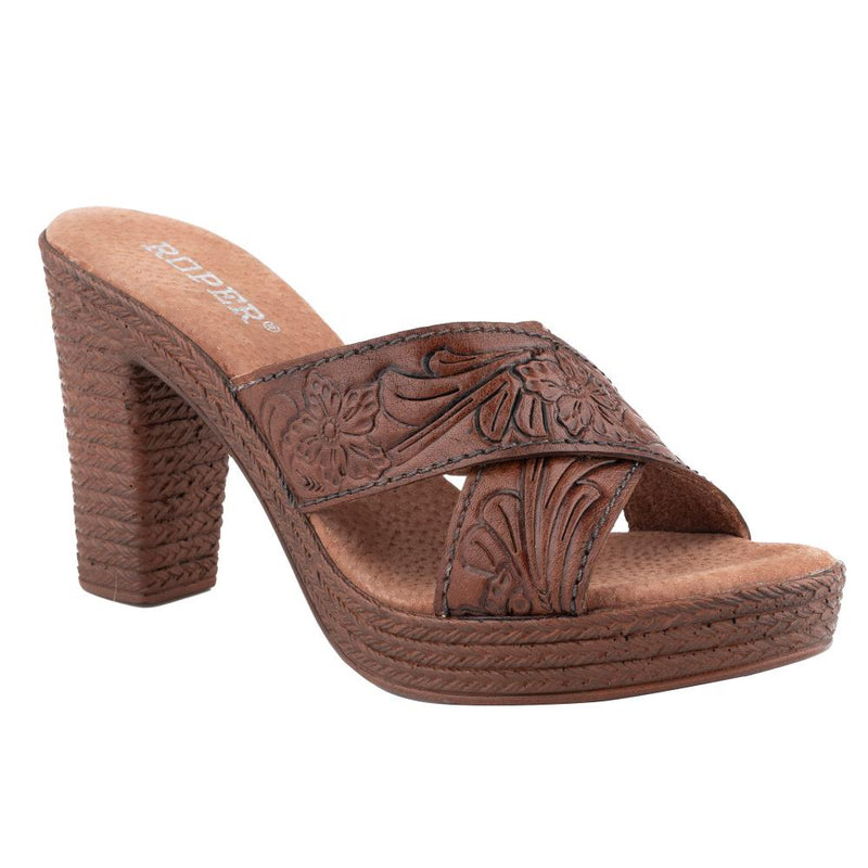 Women's Cognac Tooled Cross Strap Platform