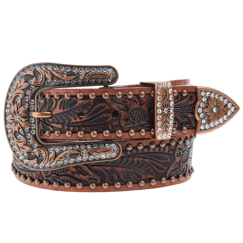 3-D Ladies 1 1/2in Brown Floral Belt with Bronze Studs