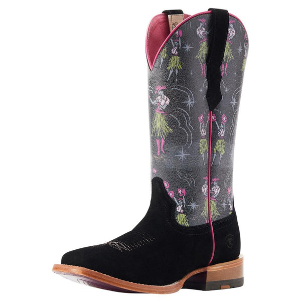 Ariat Women's Frontier Western Aloha Black Roughout 13in. Hula Print Boot