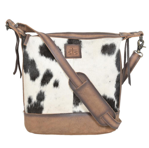 Cowhide Crossbody Zipper Accent Purse - Brindle and White