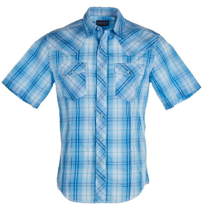 Men's Blue Plaid Wrinkle Resist Snap Shirt