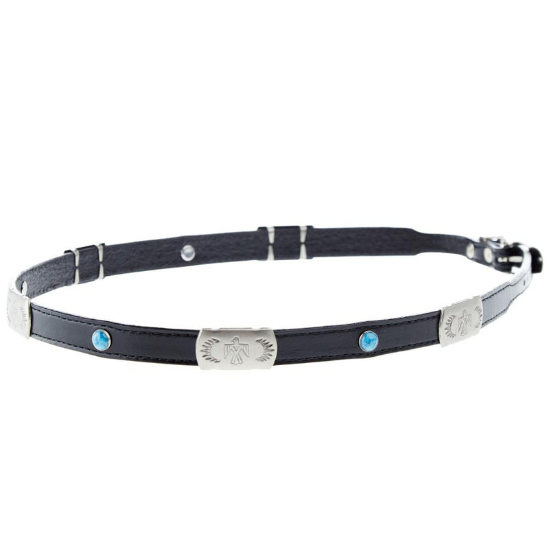 Black Leather Hat Band with Tbird and Turquoise Accent
