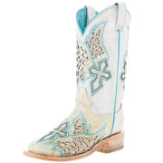 Women's White Inlay Turquoise Embroidery 12 In Top Square Toe Boot