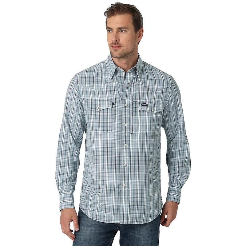 Mens Teal Plaid Performance Snap Long Sleeve Shirt