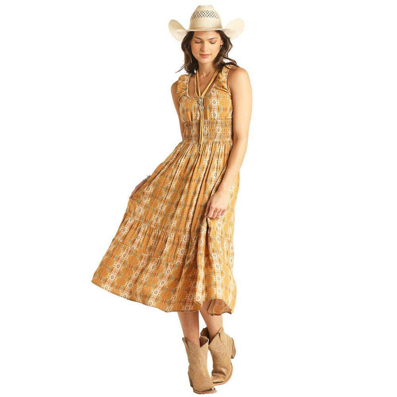 Rock & Roll Denim and Womens Camel Aztec Print Maxi Dress