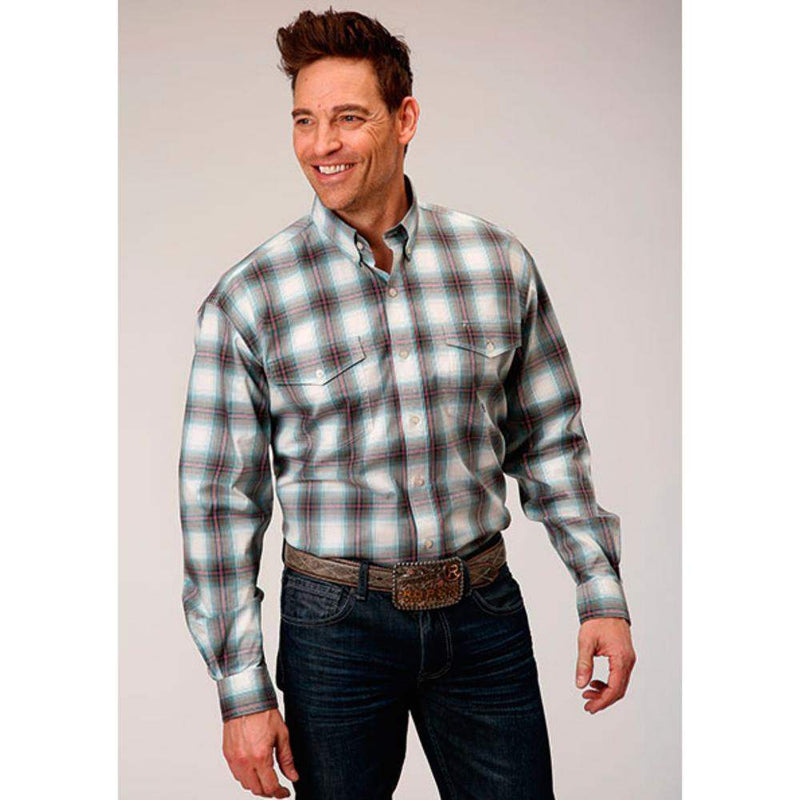 Roper Apparel Mens Long Sleeve Olive Stretch Plaid