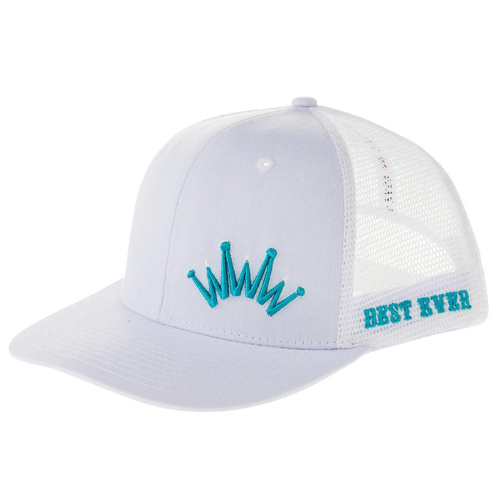 Saddle Turquoise Embroidered Crown White Mesh Back Trucker Cap