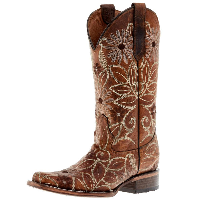 Circle G Women's Tan Floral Embroidery 12 In Top Square Toe Boot
