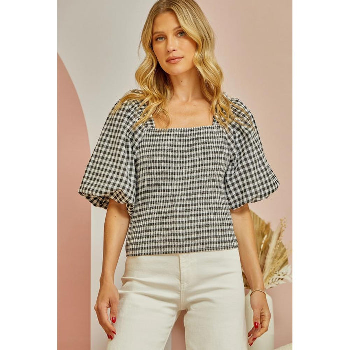 Women's Gingham Puff Sleeve Square Neck Top