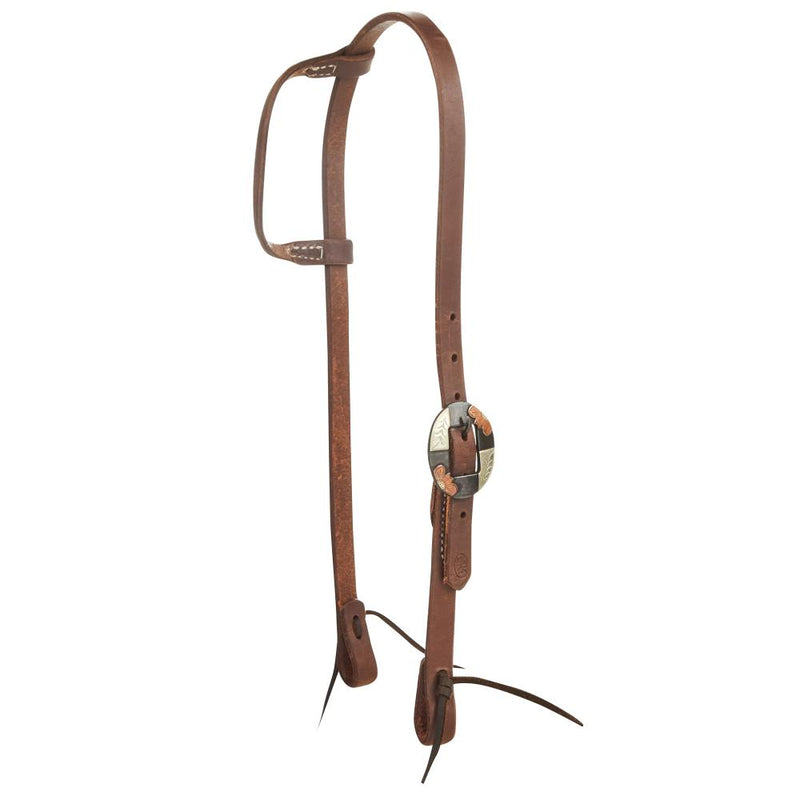 Oiled 3/4 Inch Single Ear Headstall with Silver Flower Brass Bar Cart Buckle