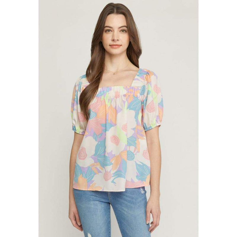 Womens Floral Print Square Neck Top