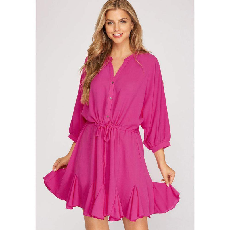 She & Sky Womens Sleeve Button Down Drawstring Waist Flounce Woven Dress