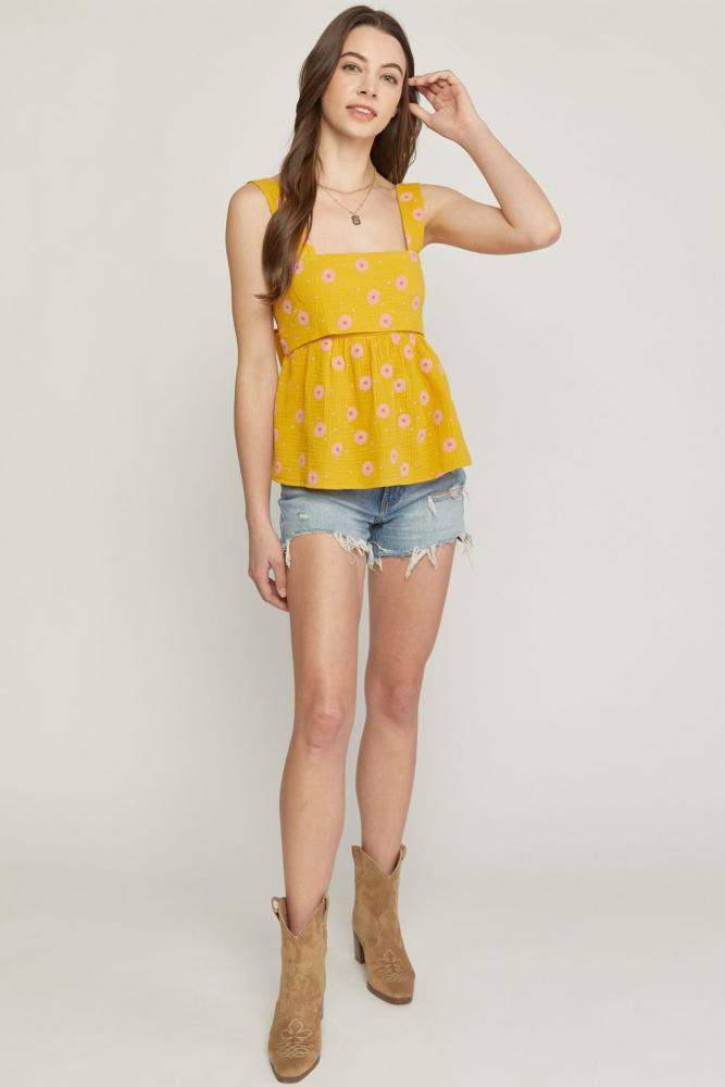 Womens Mustard Print Tie Back Top