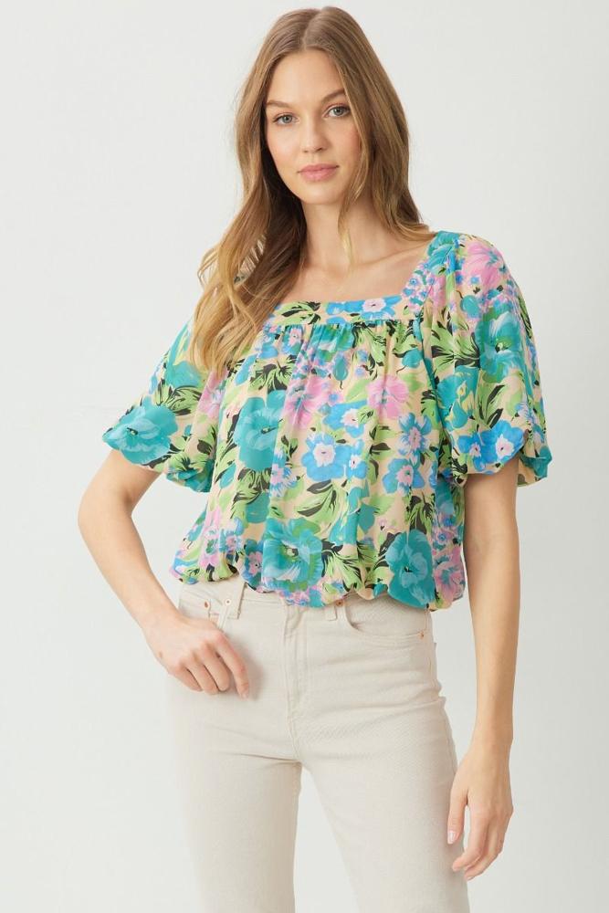 Entro Womens Floral Bubble Hem Top