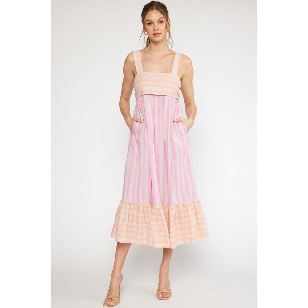 Entro Women's Orange and Pink Stripe Midi Dress