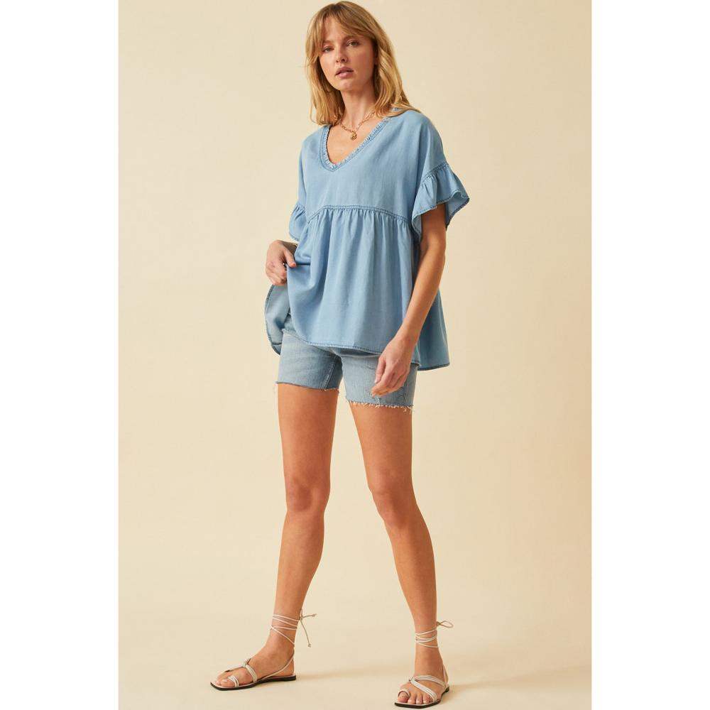 Hayden Womens Denim Blue Babydoll Top