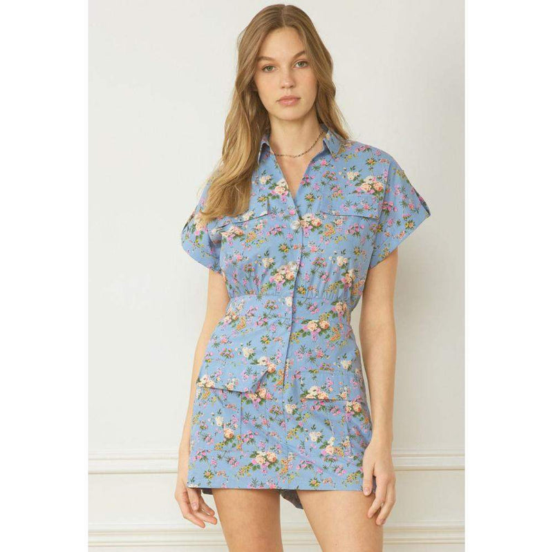 Entro Womens Blue Floral Print Romper