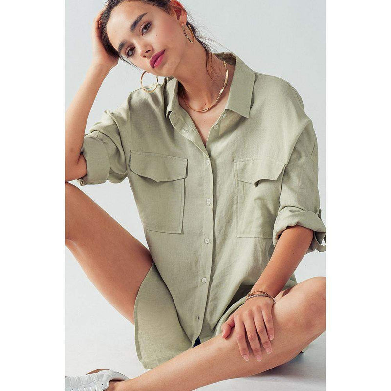 Trend:Notes Women's Oversized Green Button Up Shirt