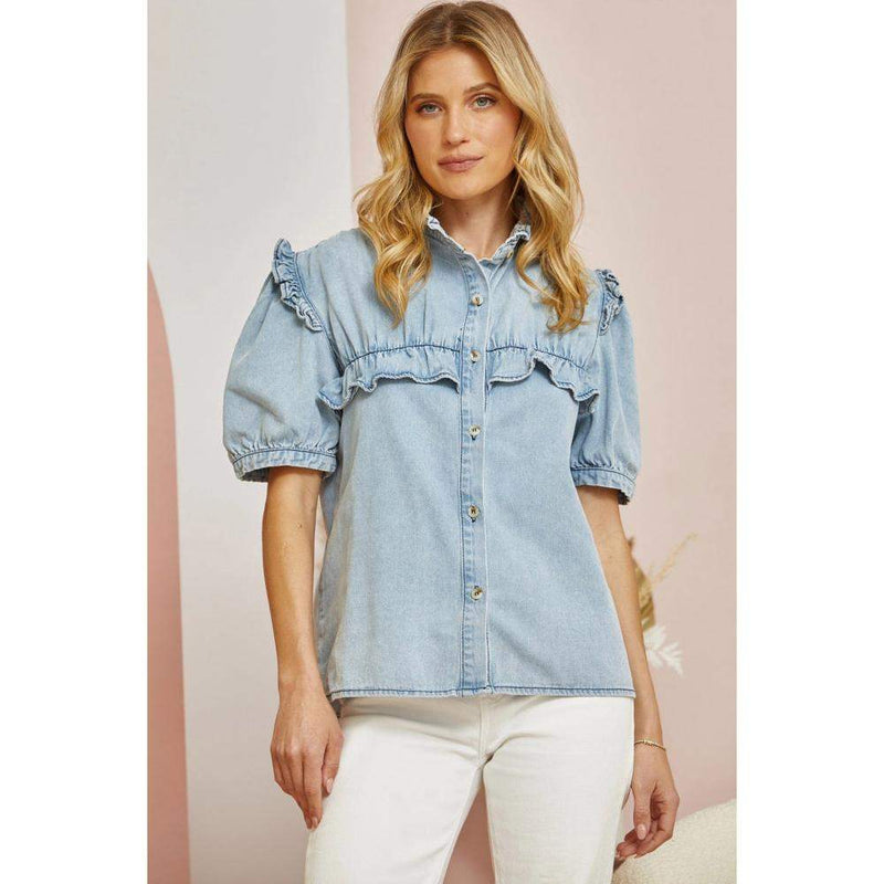 Andree By Unit Womens Denim Ruffle Top