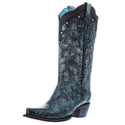 Women's Green Black Overlay Embroidery 13in Top Snip Toe Boot