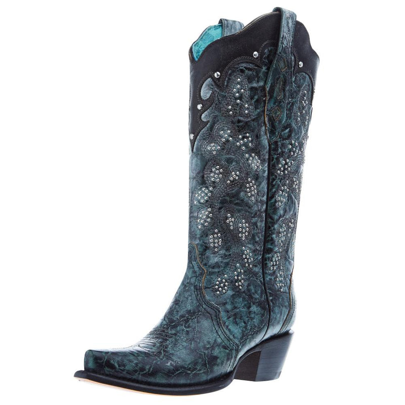 Women's Green Black Overlay Embroidery 13in Top Snip Toe Boot