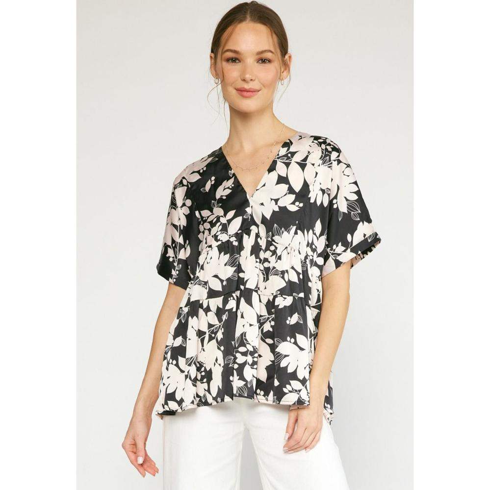 Entro Womens Black And White Floral Print Satin Top