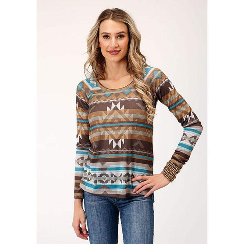 Women's Sweater Knit Jersey Top Brown Aztec Print