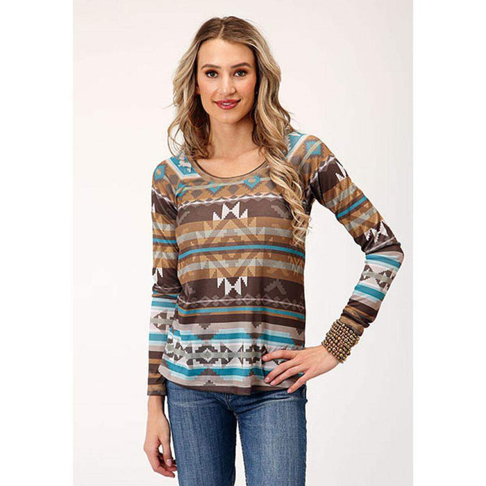 Women's Sweater Knit Jersey Top Brown Aztec Print