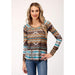 Women's Sweater Knit Jersey Top Brown Aztec Print