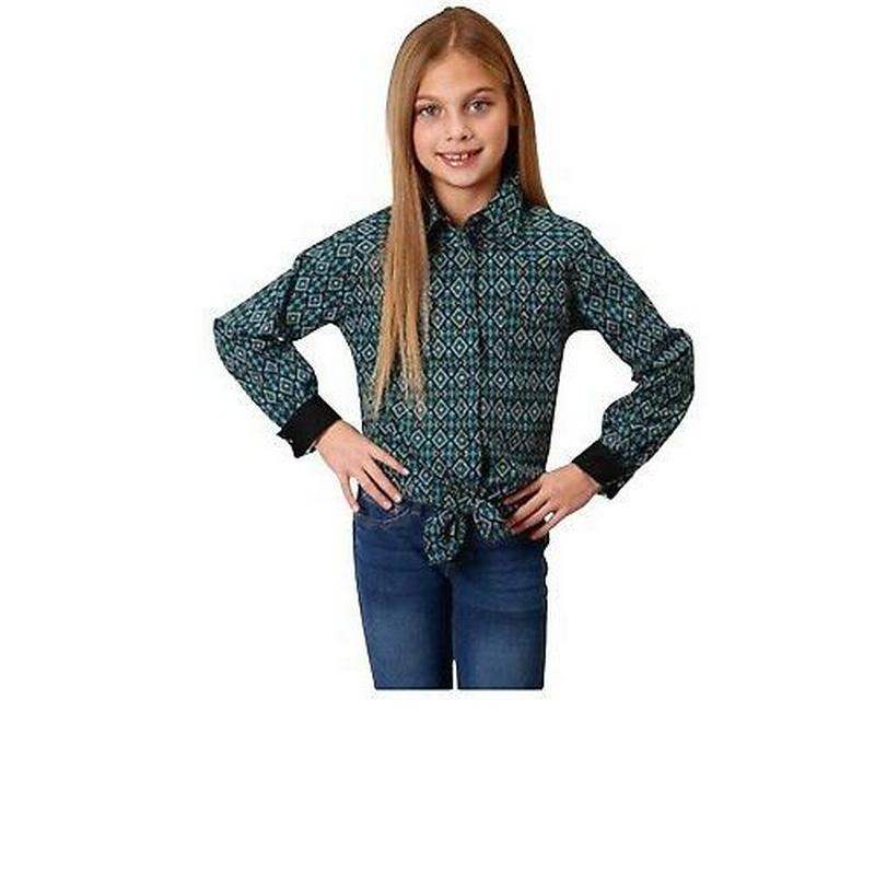 Roper Apparel Girls Black Aztec Print Long Sleeve Shirt with Poplin Trim
