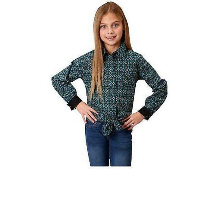 Roper Apparel Girls Black Aztec Print Long Sleeve Shirt with Poplin Trim