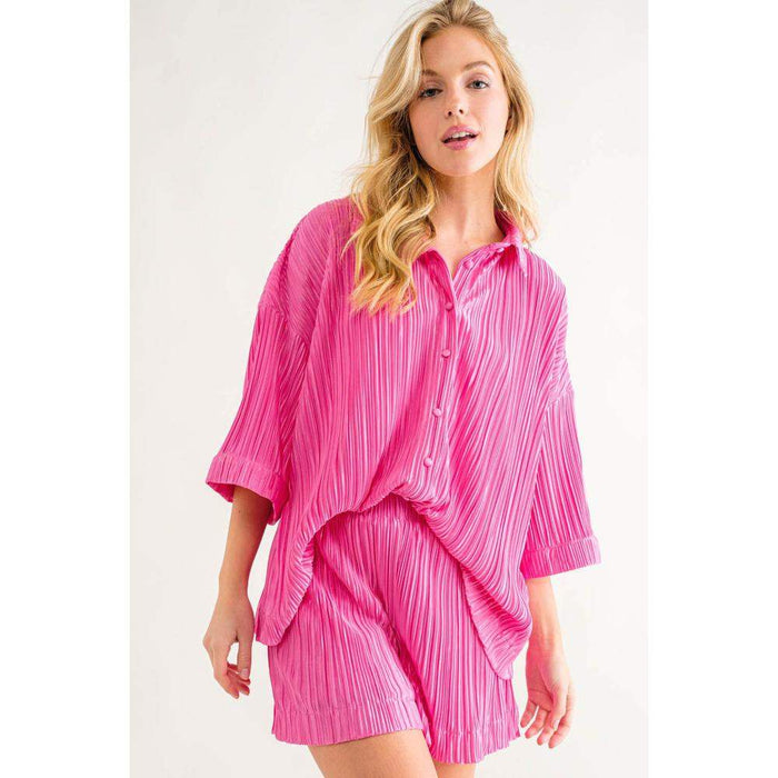Ces Femme Women's Pink Button Up Shirt and Short Set
