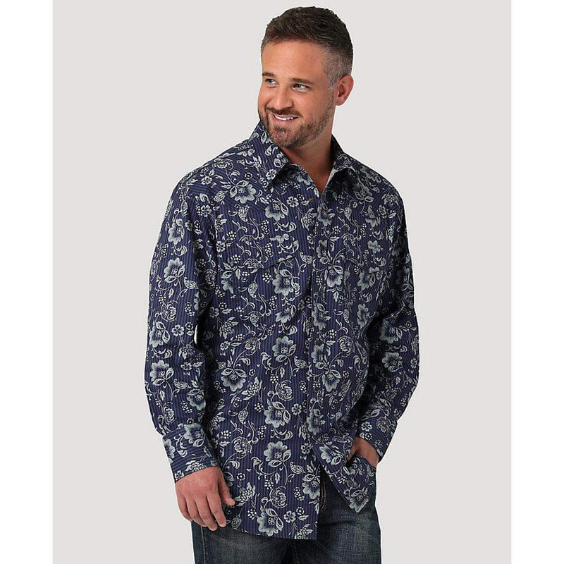Wrangler Men's Way Out West Navy Bloom Long Sleeve Snap Shirt