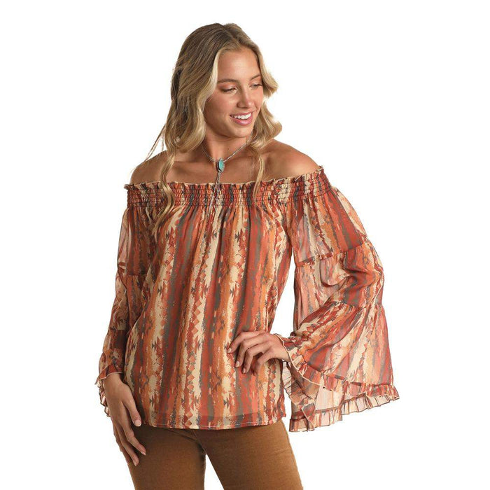 Panhandle Women's Off the Shoulder Printed Chiffon Top